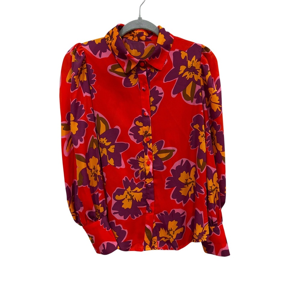 Red Floral Button Down Blouse Puff Sleeve Purple Yellow Botanical Top M-L
